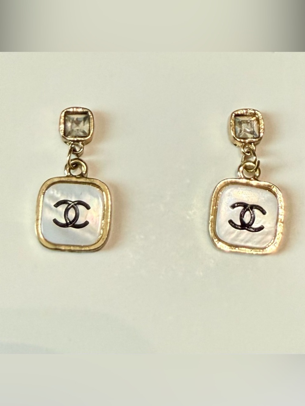 CHANEL Gold Tone and Mother-of-Pearl Square Drop Earrings
